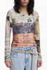 DESIGUAL DAMSKI T-SHIRT Z DŁUGIM RĘKAWEM BEŻOWY