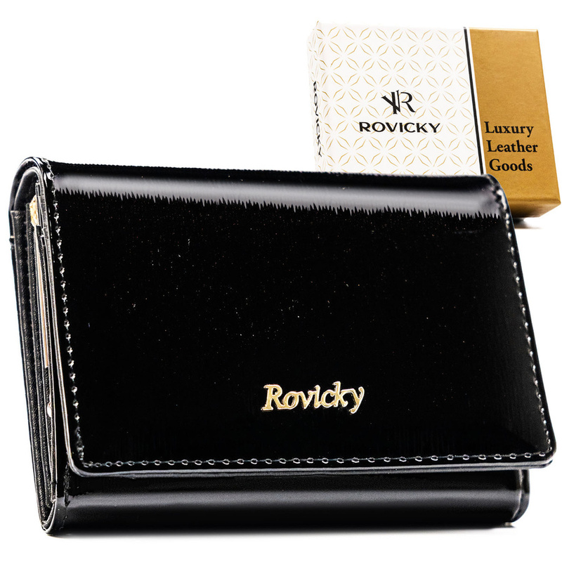 Portfel damski z lakierowanej skóry naturalnej w czarnym kolorze zamykany na zatrzask i bigiel - Rovicky