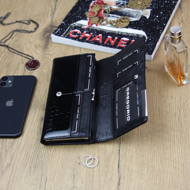 Gregorio damski portfel lakierowany skórzany wzór skóra krokodyla pojemny