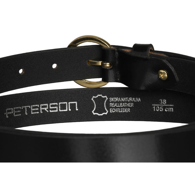 Skórzany pasek damski w czarnym kolorze ze złotą, klasyczną klamrą - Peterson