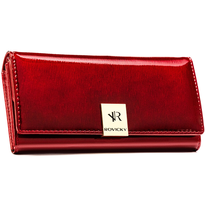 Duży portfel damski z lakierowanej skóry naturalnej w czerwonym kolorze zamykany na zatrzask - Rovicky