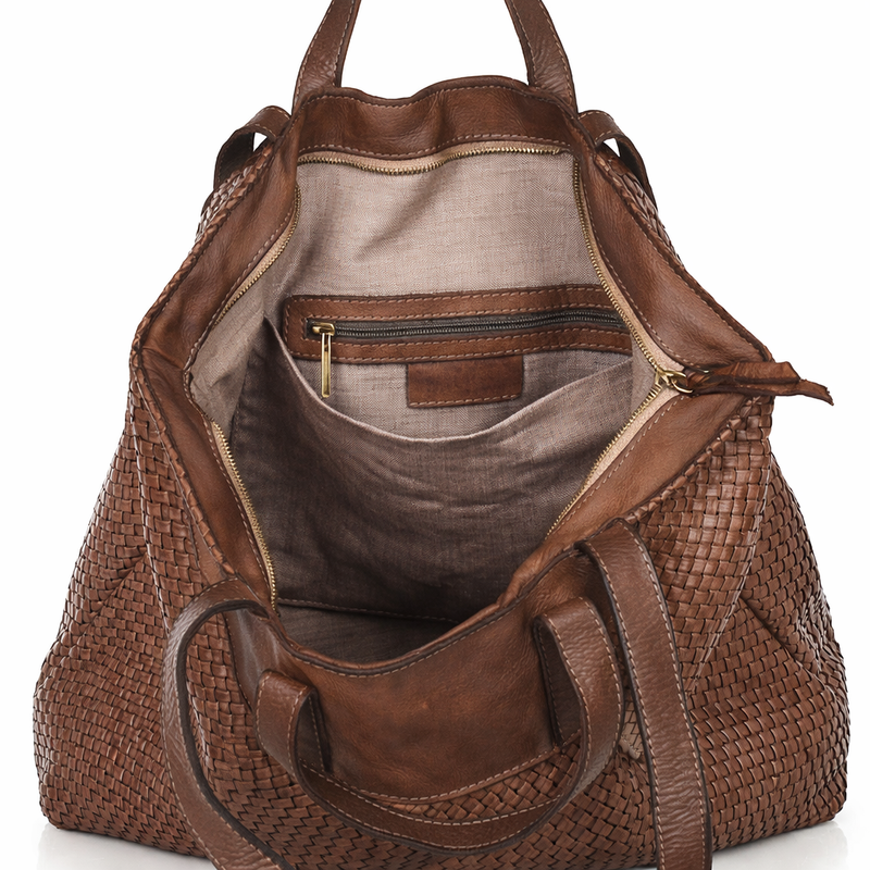Torba damska pleciona shopper & shoulder leather bag MAZZINI brąz