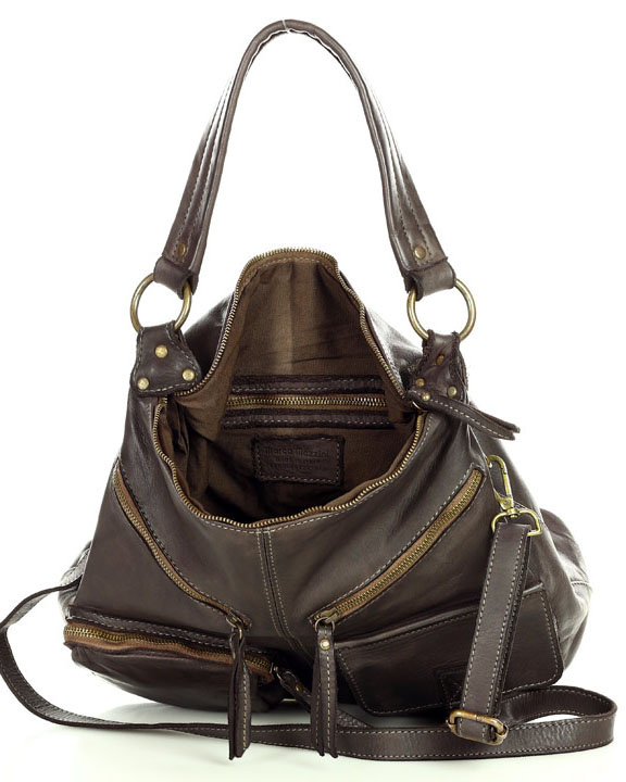 Torebka skórzana na ramię pockets old pelle lavata - MARCO MAZZINI ciemny brąz