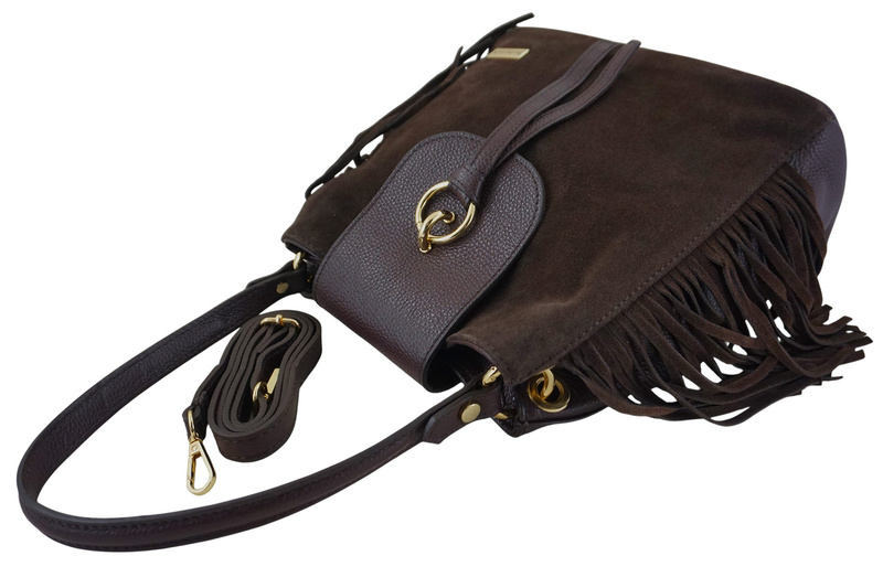 Skórzana torebka boho z frędzlami - Brązowa ciemna