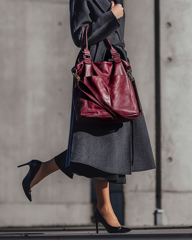 Torebka skórzana XL shopper vintage bag z kieszeniami vera pelle - MARCO MAZZINI burgund