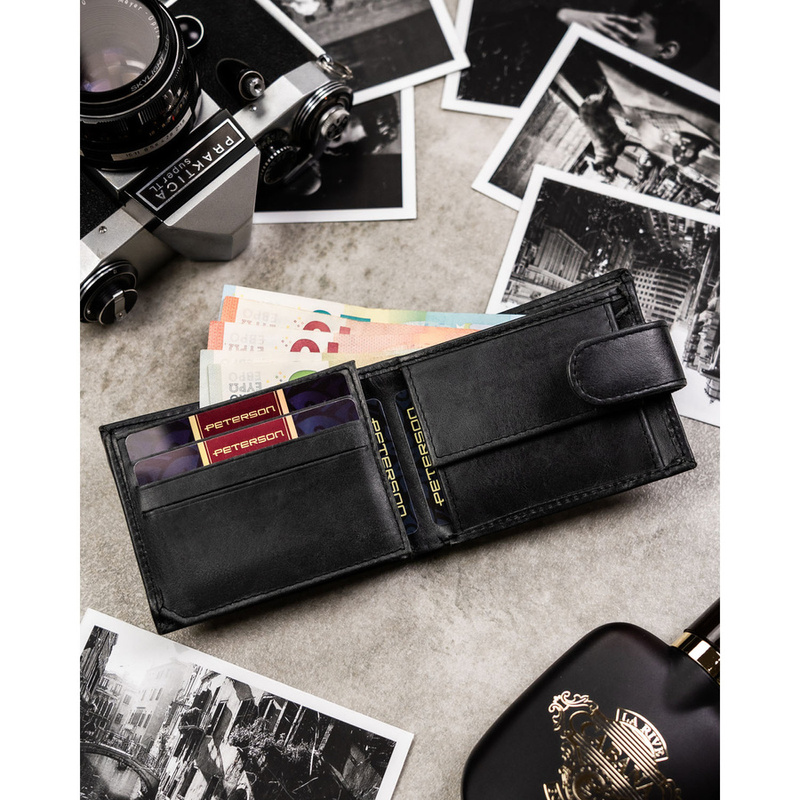 Skórzany, czarny portfel męski zamykany na zatrzask - Peterson
