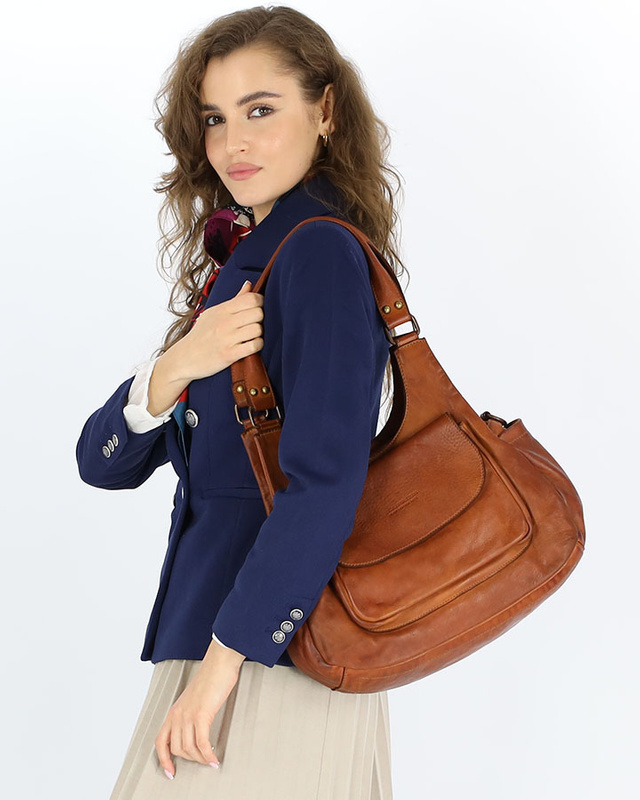 Włoska torebka skórzana z kieszenią z przodu retro bag handmade - MARCO MAZZINI brąz camel