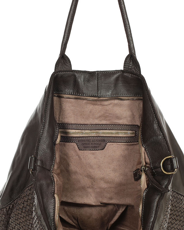 Duża torba shopper z plecionej skóry naturalnej - MARCO MAZZINI ciemnobrązowa caffe