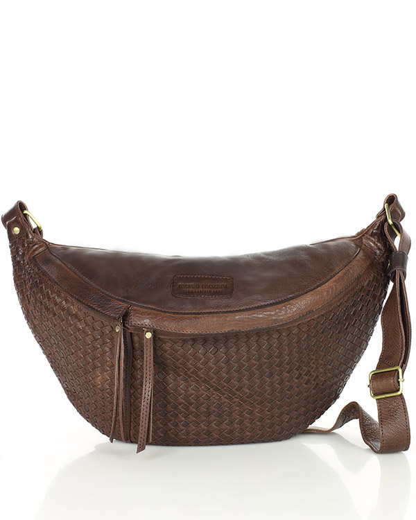 Duża torebka nerka półksiężyc skóra pleciona - MARCO MAZZINI czekoladowy brąz