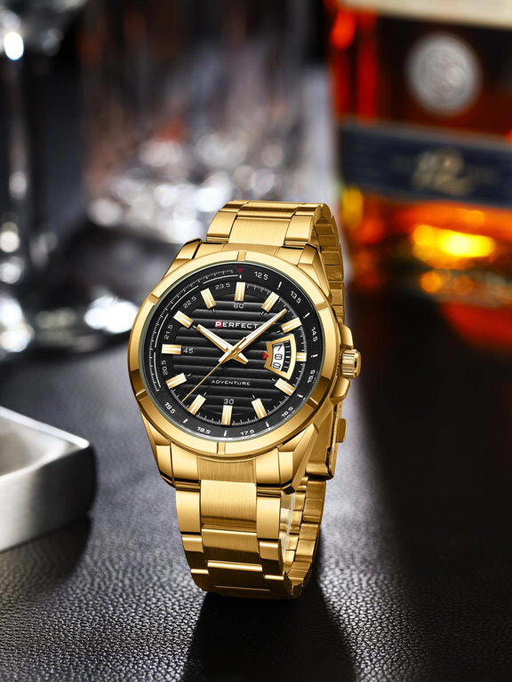 Złoty zegarek męski bransoleta duży solidny Perfect M102