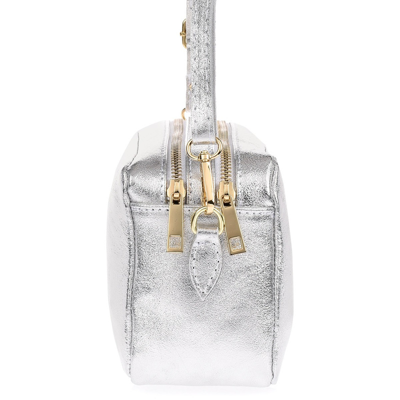 Skórzana damska torebka listonoszka srebrna dwukomorowa pojemna na pasku P10