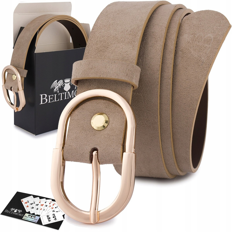 Skórzany pasek damski do spodni sukienki cielisty skóra nat. zamszowa 3 cm Beltimore E53 : Kolory - ecru, kremowy, Rozmiar pasków - r.110-125 cm