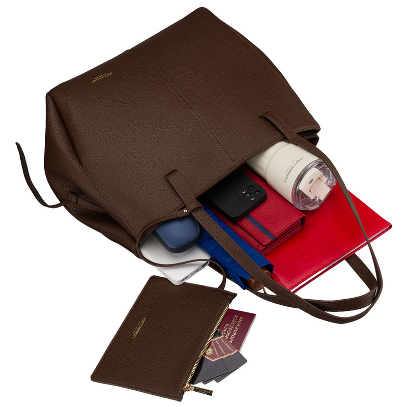 Brązowa shopperka damska wykonana ze skóry ekologicznej z praktycznym etui w zestawie - Peterson