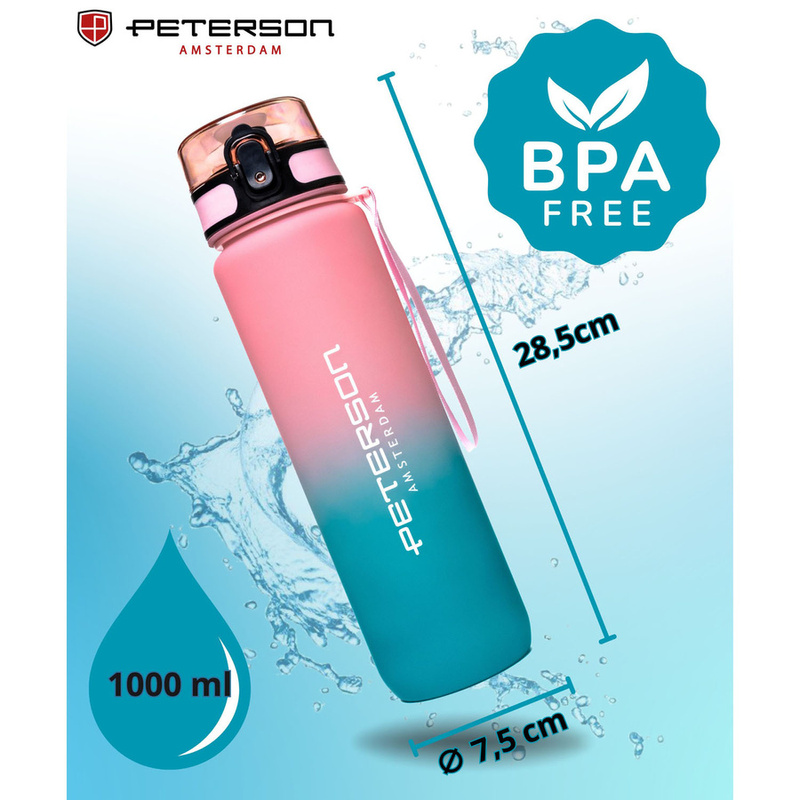 Praktyczny bidon na wodę w niebiesko-różowym kolorze wyposażony w smyczkę - Peterson