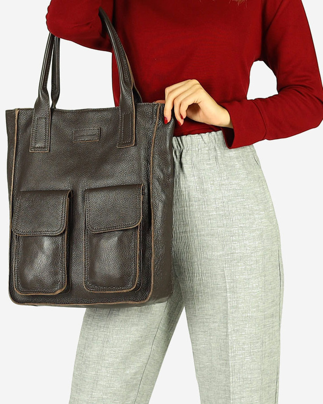Torebka skórzany shopper bag z kieszeniami - MARCO MAZZINI Ravenna ciemny brąz caffe