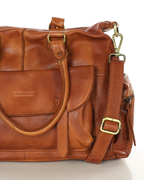 Pojemna torba damska na ramię z kieszeniami skóra naturalna - MARCO MAZZINI brąz camel