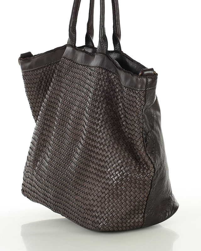 Duża torba shopper z plecionej skóry naturalnej - MARCO MAZZINI ciemnobrązowa caffe