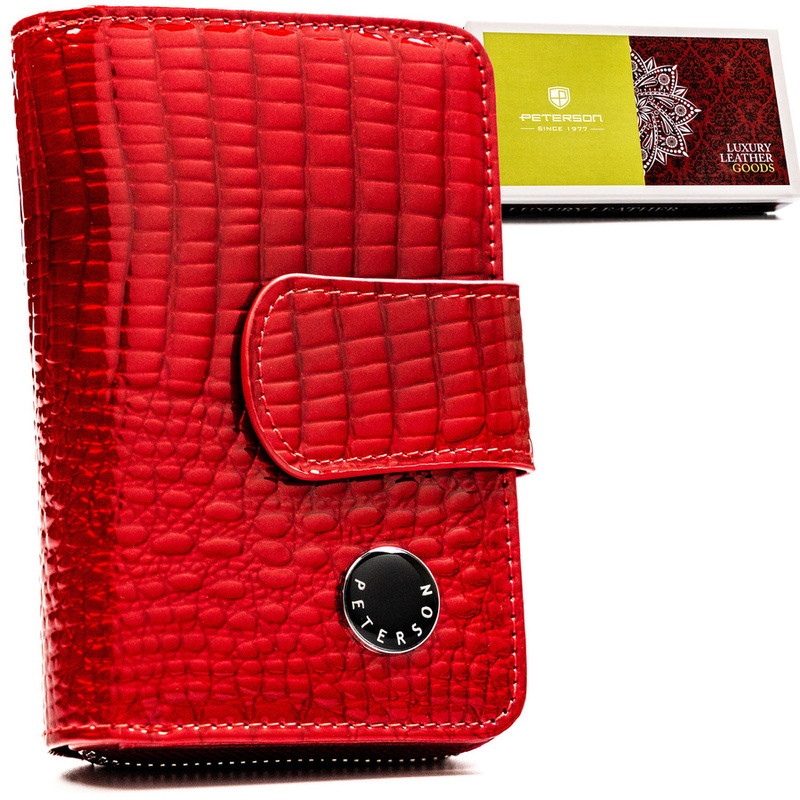 Czerwony portfel damski ze skóry naturalnej zamykany na suwak i zatrzask - Peterson
