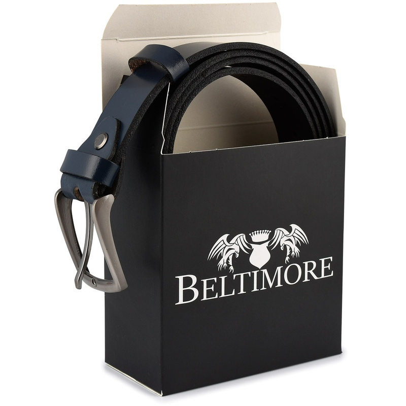 Beltimore skórzany pasek męski granatowy wąski E12 : Kolory - granatowy, Rozmiar pasków - r.90-105 cm