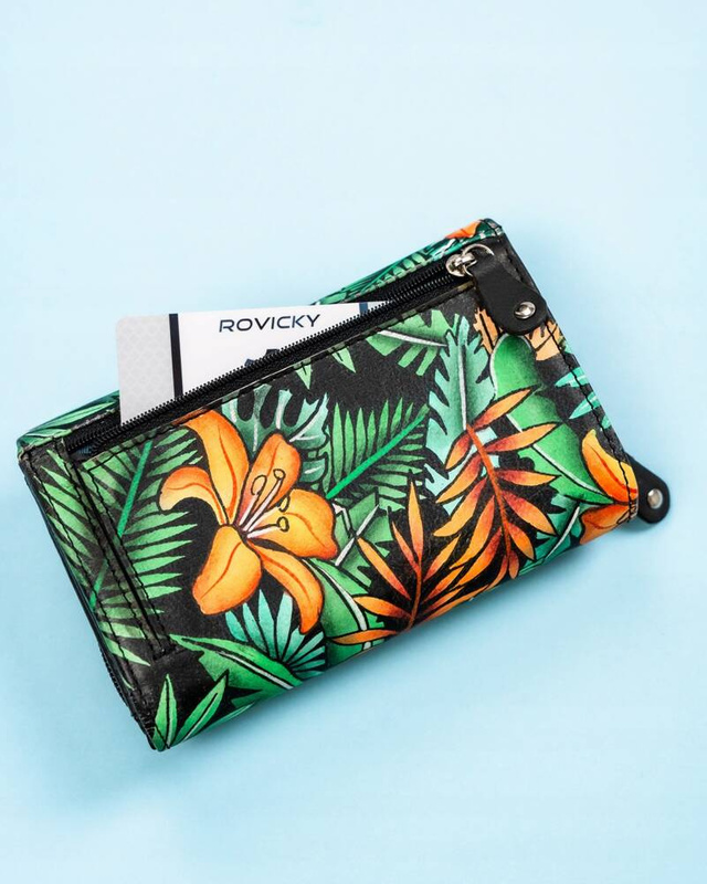 Rovicky Pojemny skórzany portfel damski na zatrzask roślinny wzór