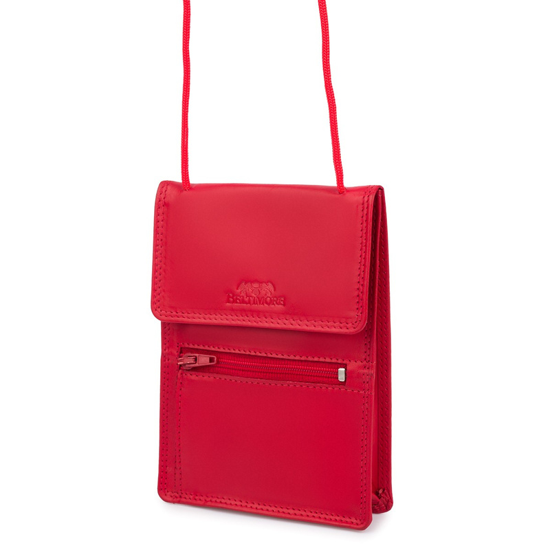 ETUI saszetka PASZPORTÓWKA na szyję dokumenty skórzana podróżna czerwona Beltimore D78