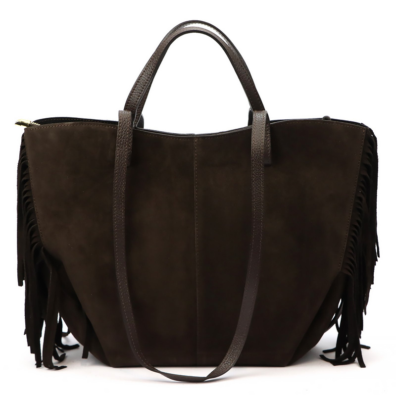 Vera Pelle damska torebka na ramię skórzana z frędzlami boho shopperbag