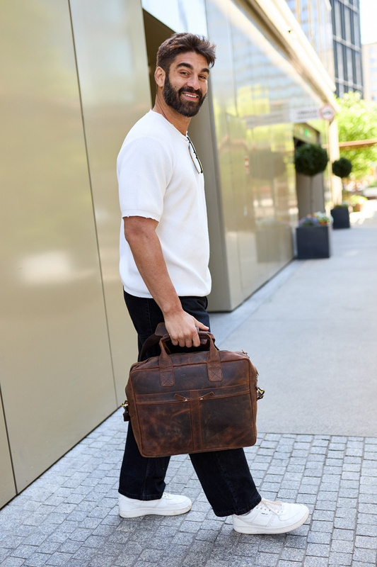 Duża solidna skórzana torba Beltimore na laptopa dokumenty brązowa nubuk M87