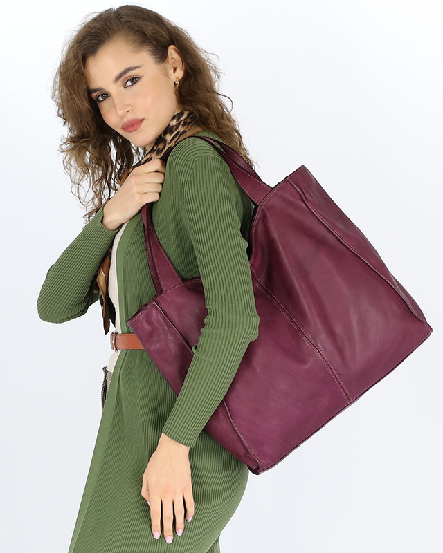 Torebka miejska shopper bag skóra naturalna handmade MARCO MAZZINI bordowa