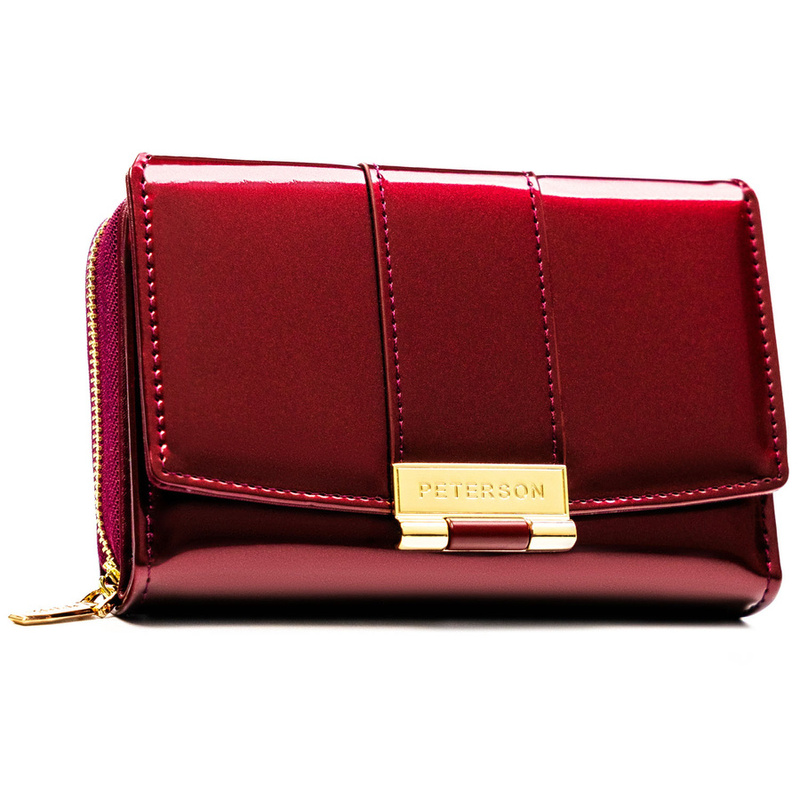 Portfel damski z lakierowanej skóry ekologicznej w śliwkowym kolorze, wyposażony w system RFID - Peterson