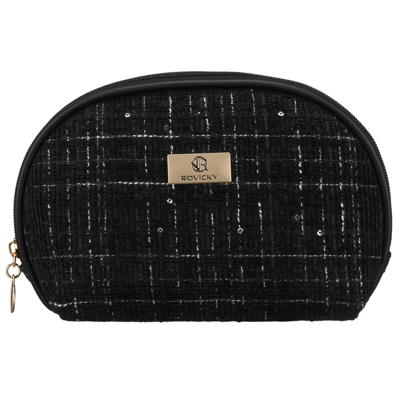 Czarna kosmetyczka damska w kratę wykonana z materiału syntetycznego, jednokomorowa - Rovicky