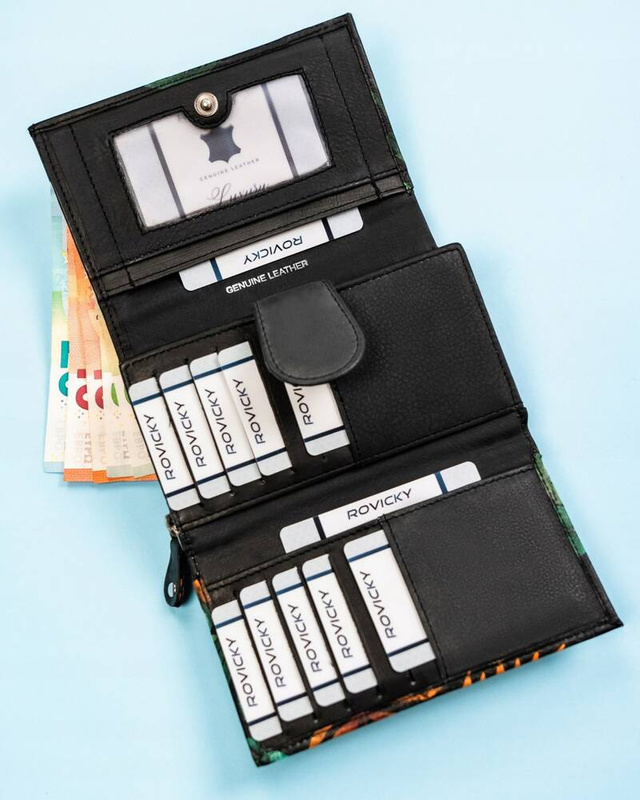 Rovicky Pojemny skórzany portfel damski na zatrzask roślinny wzór