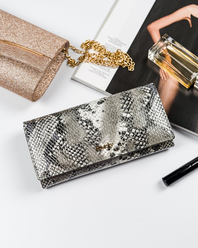 Rovicky skórzany damski portfel podłużny duży wzór skóra węża system RFID