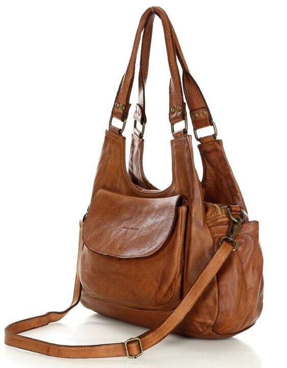 Włoska torebka skórzana z kieszenią z przodu retro bag handmade - MARCO MAZZINI brąz camel