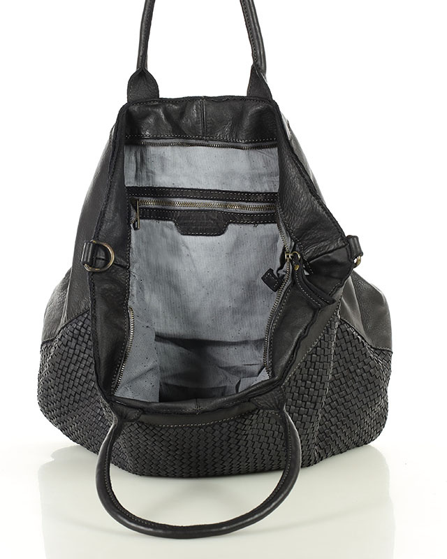 Duża torba shopper z plecionej skóry naturalnej - MARCO MAZZINI czarna