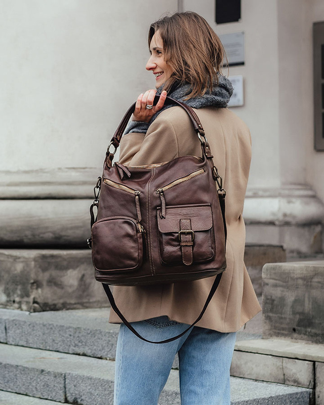 Torebka skórzana na ramię pockets old pelle lavata - MARCO MAZZINI brąz