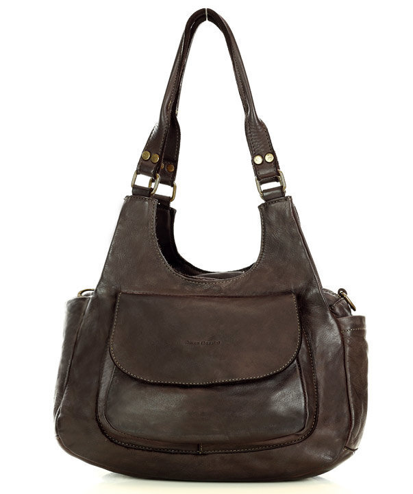 Włoska torebka skórzana z kieszenią z przodu retro bag handmade - MARCO MAZZINI ciemny brąz caffe
