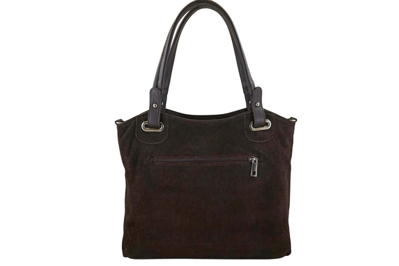 Duża elegancka torebka z naturalnej skóry i zamszu - Brązowa ciemna