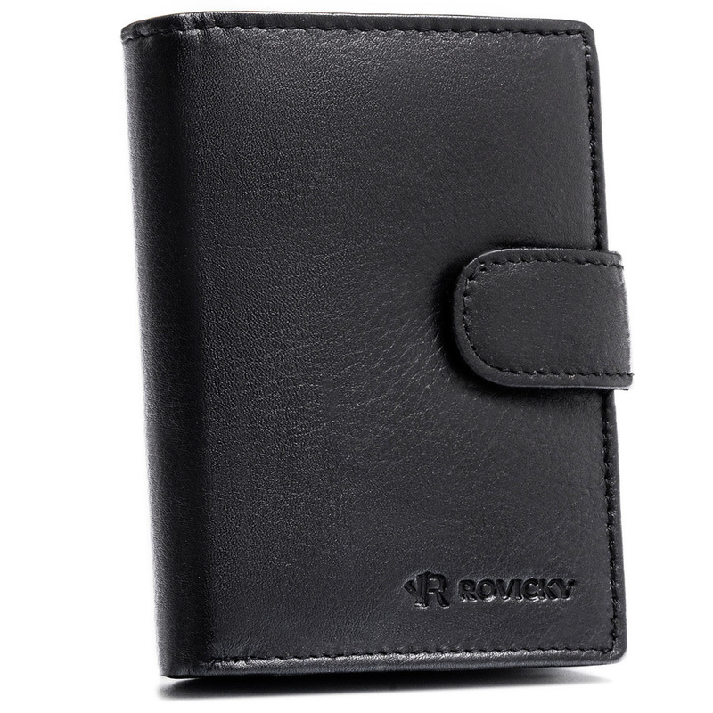 Czarny portfel męski ze skóry naturalnej mieszczący dowód rejestracyjny i wyposażony w system RFID - Rovicky