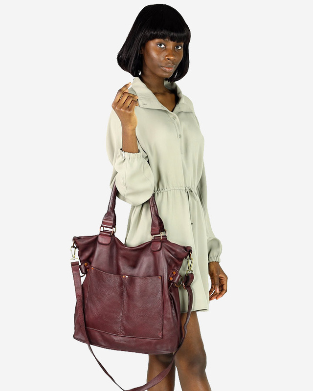 Torebka skórzana XL shopper vintage bag z kieszeniami vera pelle - MARCO MAZZINI burgund