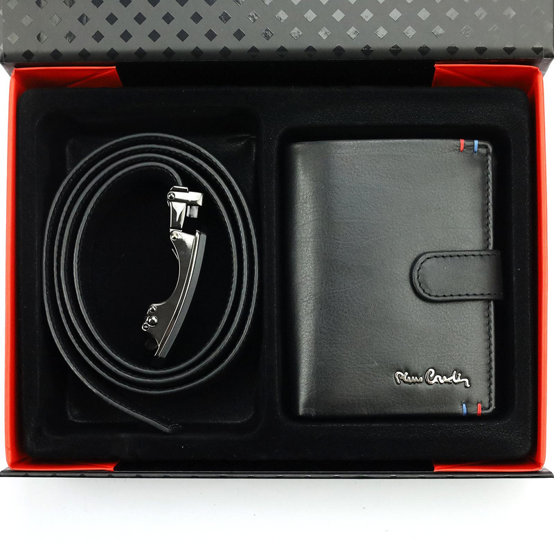 Pierre Cardin męski pasek do spodni i portfel zestaw ze skóry naturalnej