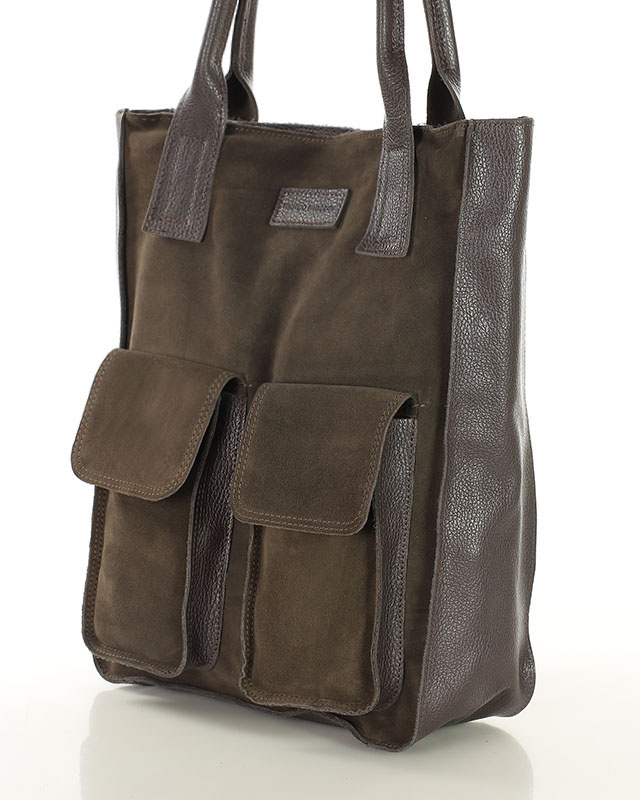 Torebka zamszowa shopper bag z kieszeniami skóra naturalna - MARCO MAZZINI ciemny brąz