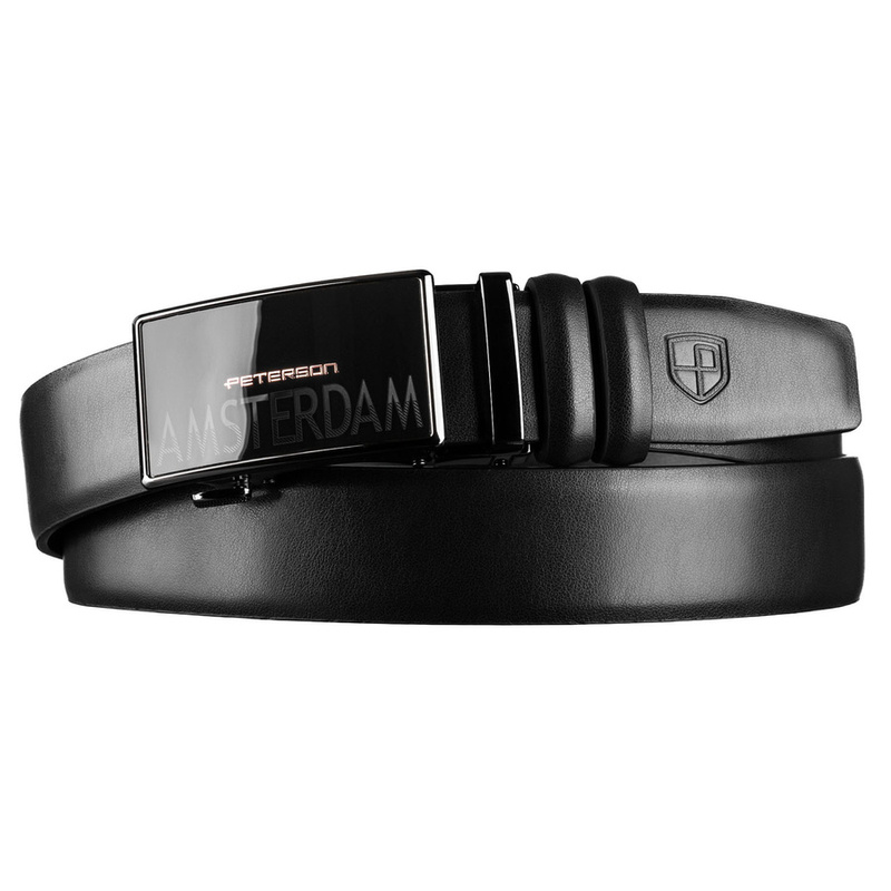 Czarny, elegancki pasek męski ze skóry naturalnej z automatyczną klamrą - Peterson