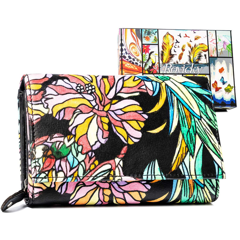 Rovicky Pojemny skórzany portfel damski na zatrzask roślinny wzór