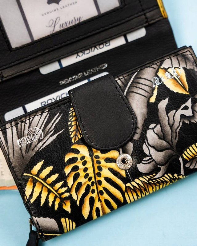 Rovicky Pojemny skórzany portfel damski na zatrzask roślinny wzór