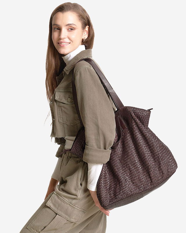 Torba damska pleciona shopper & shoulder leather bag - MARCO MAZZINI brąz caffe