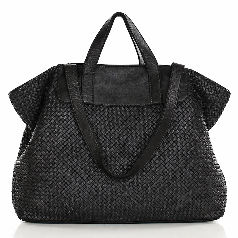 Torba damska pleciona shopper & shoulder leather bag - MAZZINI czarna
