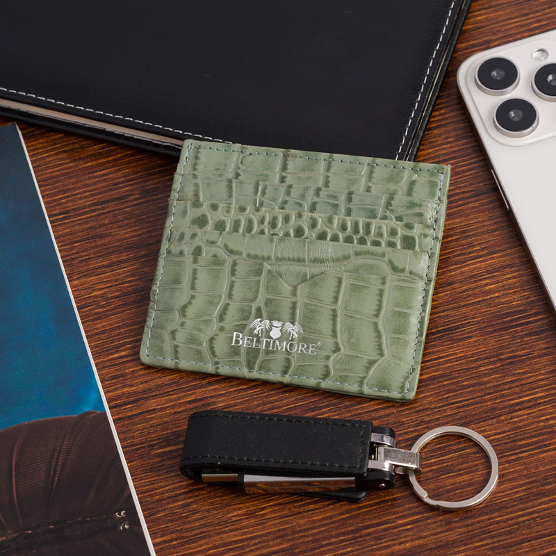 Etui na dokumenty karty wizytówki skórzane slim portfel zielone Beltimore E49