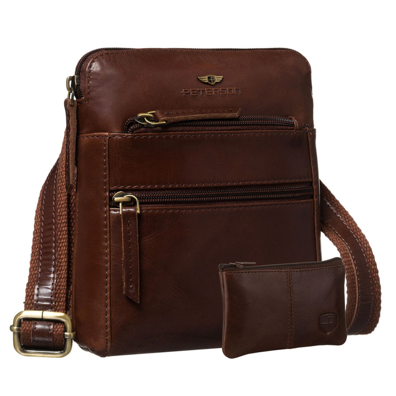 Elegancka, skórzana listonoszka męska w brązowym kolorze zamykana suwakiem - Peterson
