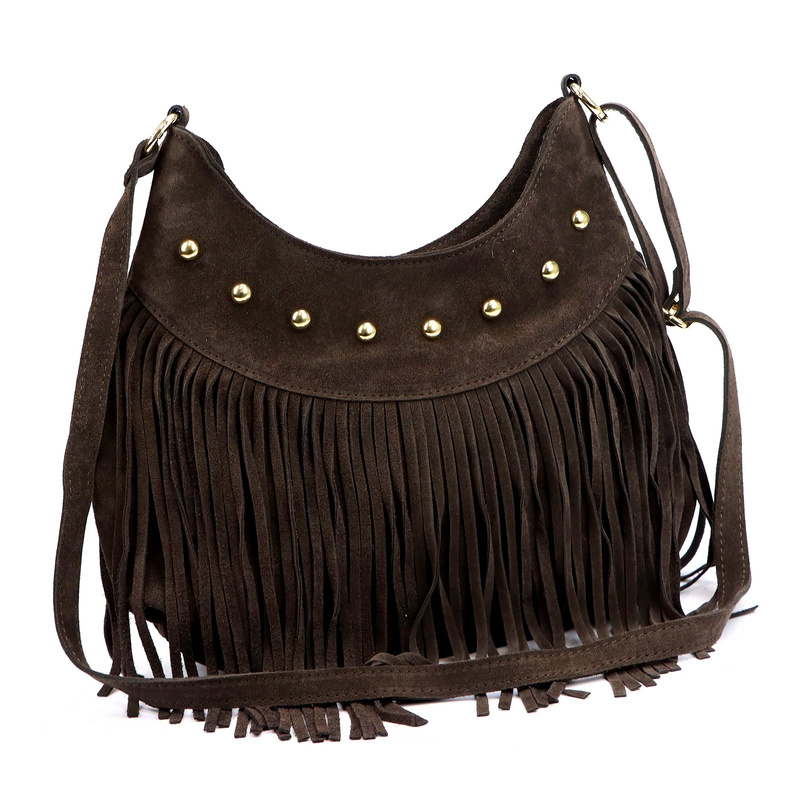 Damska listonoszka boho z miękkiej skóry torebka z frędzlami Camilla