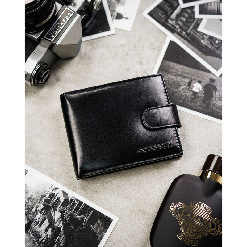 Zestaw prezentowy: skórzany portfel męski w czarnym kolorze i pasek ze skóry naturalnej - Peterson